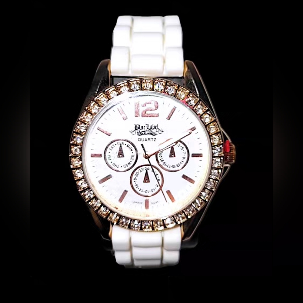 BLAC LABEL PINK Rose Gold Diamond Rhinestones Watch White Silicone Band NWT